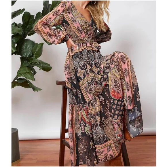 Boho Floral paisley Print Surplice Long Sleeve Maxi Dress - Picture 2 of 5